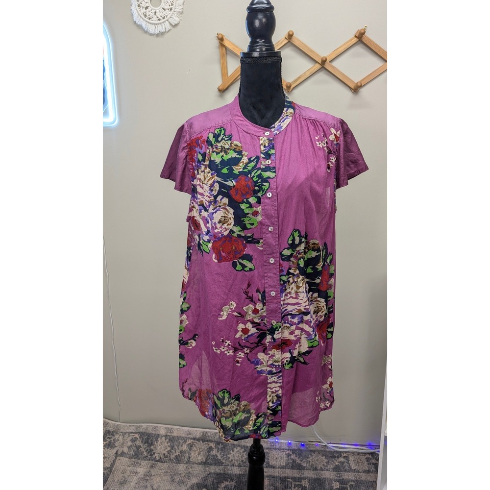 Soft Surroundings Purple Floral Button Front Tunic Top Womens 1X Short Sleeve